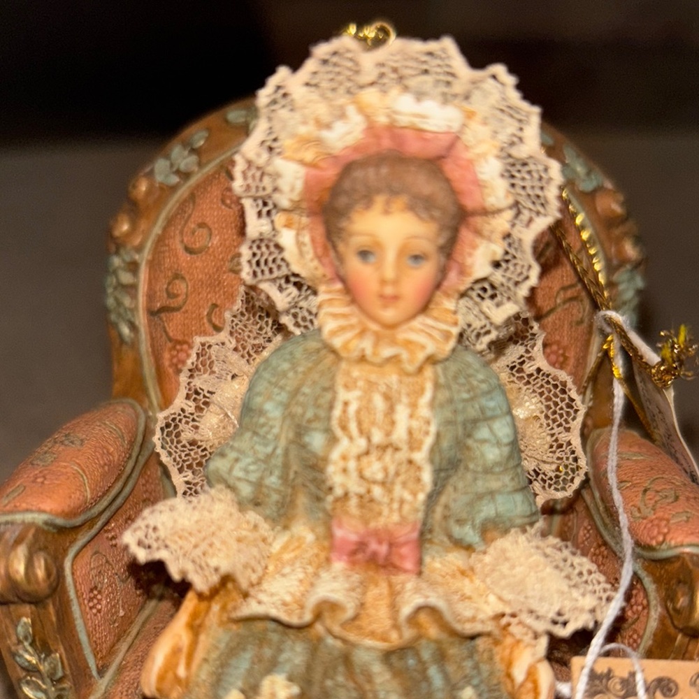 Vintage Ornament Louis Nichole Figure in Armchair with Lace on Dress and Pillow